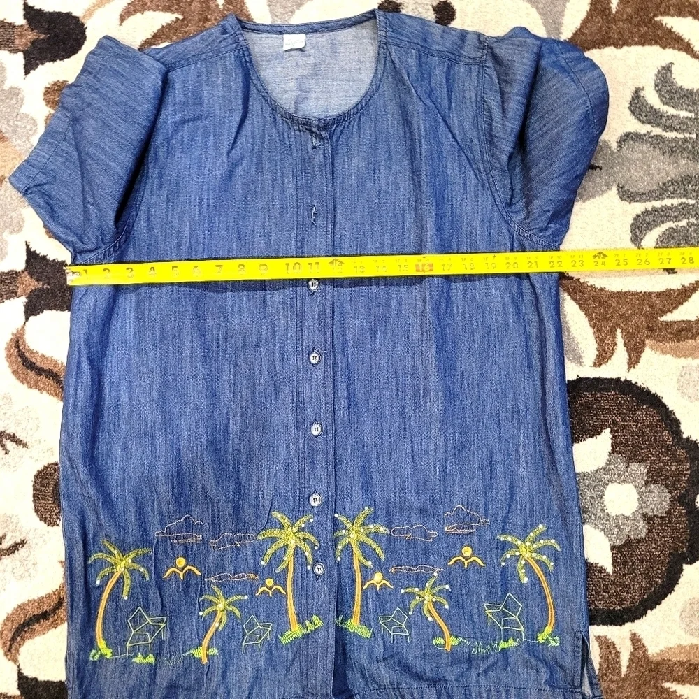 Vtg Dark Wash Denim Palm Tree Embroidered Button Up Shirt Large - Picture 3 of 7
